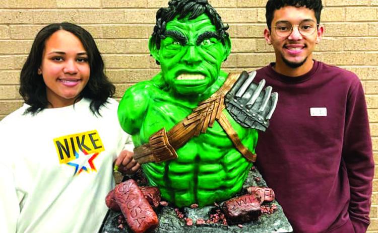 HULK- LHS Culinary Teacher Khris Oaks shared the results of her Skills USA State Competition in Corpus Christi last week. These students created Marvel Character cakes. They brought home six State Superior. Pictured is Hulk: Destini Blair &amp; Matt Almager-State Superior. (Photo courtesy of Cristal Isaacks)