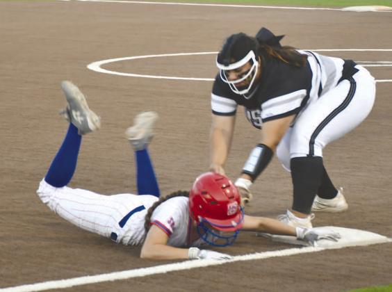SAFE AT THREE- Emry Jourdan was safe at third in an 11-4 Sundown loss to the no. 16 Forsan Lady Buffs last Thursday in UIL Class 2A High School Bi-District Softball action. Jourdan scored a run and a hit in the effort. (Photo Courtesy of Jay Kelley)