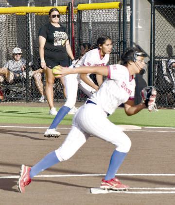 SEVEN INNING DAY- Daniella Reyna went seven innings for the Sundown Roughettes, allowing 11 runs on 14 hits with a strikeout and two walks in an 11-4 UIL Class 2A High School Bi-District Softball loss to the no. 16 Forsan Lady Buffs in Lamesa last Thursday. (Photo Courtesy of Jay Kelley)