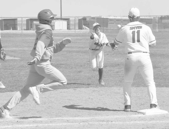 ALL DISTRICT INFIELDER- Austin Martinez made the 4-3 play to Ben Steele to get a Tahoka runner out at first in a 5-4 Smyer Bobcat home win over Tahoka in UIL District 4-2A High School Baseball action early in the season. Martinez made the all-district first team as an infielder while Steele was selected as first team utility. (Photo Courtesy of Jay Kelley)