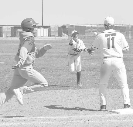 4-3 ROLL UP- Austin Martinez made the 4-3 play to get a Tahoka runner out at first in a 5-4 Smyer Bobcat home win over Tahoka in UIL District 4-2A High School Baseball action last Saturday. (Photo Courtesy of Jay Kelley)
