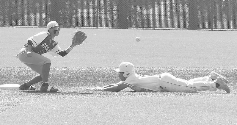 CAUGHT STEALING- Olton’s Fabian Gutierrez tried to beat the ball to Smyer Bobcat Austin Martinez waiting at second base in a steal attempt Friday in the second game of the UIL Class 2A High School Baseball Bi-District Playoff. Gutierrez didn’t beat the ball, but the Mustangs downed the Bobcats 11-10 and 6-4. (Photo Courtesy of Jay Kelley)