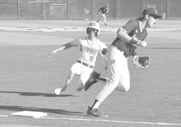 TRIPLE- Mason Marmolejo had a triple and scored a run in an 11-3 Ropes Eagle loss to the New Home Leopards in UIL District 4-2A High School baseball action last Saturday in Plainview. The Eagles will face Lockney for two games in the bi-district playoffs Friday. Game one starts at 5 p.m. (Photo Courtesy of Jay Kelley)
