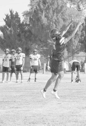 SPECTACULAR CATCH - Morton wide receiver Andres Bejarano went up for the ball during skill drills to make the good effort play. (Staff photo by Aalijah Soliz)