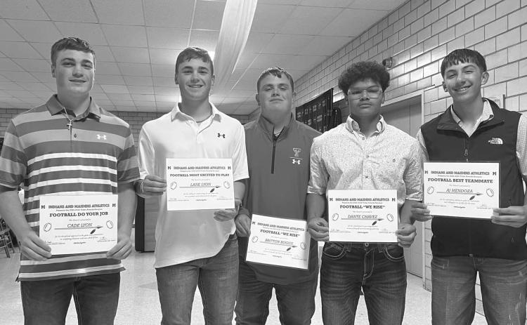 MORTON FOOTBALL - Morton Indians A.J. Mendoza earned Offensive MVP, Lane Lyon earned Defensive MVP, Cade Lyon earned Special Teams MVP and both Dante Chavez and Britton Boggs earned Fighting Heart Awards this past Tuesday at their Sports Banquet. (Photo courtesy of Morton ISD)